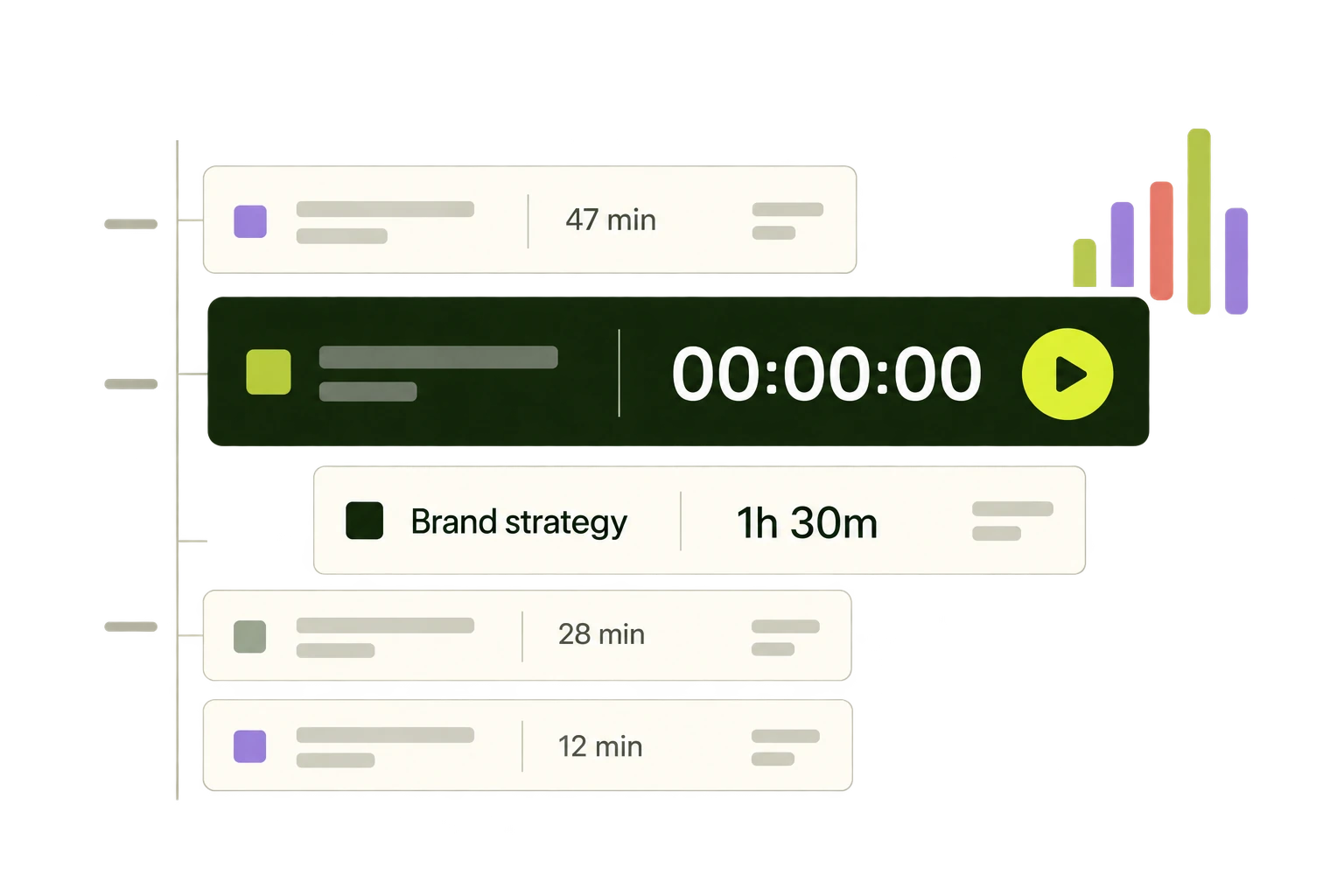 A fresh timer sits above previously recorded project entries.